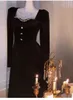 Casual Dresses Elegant Black Velvet Dress Woman Retro France Style Square Collar Crystal Romantic Lady Midi Robe Noir Vestido Negro