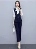 Women's Two Piece Pants 2 Sets Womens Outfits 2023 Spring Office Lady Fashion Elegant Patchwork Bow V-Neck Slim Pantsuits Female Costume