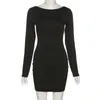 Casual Dresses SKMY Black Dress 2023 Autumn Winter Clothes For Women Long Sleeve Sexy Open Back Bodycon Short Party Clubwear