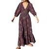 Robes décontractées femmes col en V robe à manches bouffantes style boho swing profond imprimé à plusieurs niveaux longue coupe ample tenue de vacances plissée