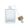 square clear glass flat shoulder essential oil dropper bottle luxury 30ml 50ml with bamboo lid