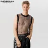 Mannen Tank Tops INCERUN 2023 Amerikaanse Stijl Sexy See-through Mesh Pailletten Casual Party Flash Stof Dun Vest S-5XL