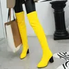 Botas Moda Feminina Botas Altas Doces Cor Sobre o Joelho Botas Mulheres Salto Quadrado Couro Branco Vermelho Amarelo Verde Mulheres Sapatos 231108