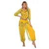 Stage Wear Mulheres Bells Belly Dance Costume Lace-up Irregular Hem Crop Top Bloomers Hip Scarf Set Bollywood Performance Outfits