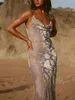 캐주얼 드레스 플로럴 인쇄 여성을위한 등이없는 바디콘 드레스 2023 이브닝 파티 스파게티 스트랩 카울 넥 맥시 섹시한 생일 의상