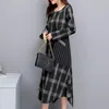 Casual jurken katoen en linnen plaidjurk vrouwelijk 2023 lente herfst Koreaanse mode o-neck losse dames Vestidos aq1097