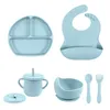 Tasses Vaisselle Ustensiles 5 assiettes en silicone pour l'alimentation de bébé ventouses bol assiettes bavoirs en forme de tasse cuillère fourchettes bébé couverts 230407