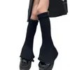 女性の靴下ハラジュクチャンキーリブベッドニットフレアソリッドカラーストライプターンカフフットカバーゴシックスリム膝高
