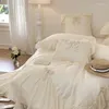 Conjuntos de cama Luxo Chiffon Lace Bow Set Estilo Coreano Princesa Casamento Bege Algodão Egípcio Duveta Capa Cama Folha Fronhas