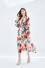 2023 lässige Kleider Frühling Sommer Landebahn Rose Blume Print Maxi Kleid Frauen V-Ausschnitt Langarm Schnüre-up Gürtel Big Swing Slim Chiffon Kleid