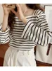 Kvinnor Tshirt Qoerlin Fashion Square Halsring Tshirt Rand Loose Casual Korean Long Sleeve Summer French 230408