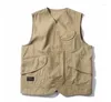 Men's Vests Japan Autumn Cotton Vest Fashion Multi-pockets Cargo Amekaji Sleeveless Jacket Men Casual Waistcoat