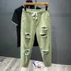 Men's Jeans Japanese Trend Men's Ripped Hole Jeans White Green Black Ankle Length Youth Fashion Loose Denim Harem Cargo Pants 231109