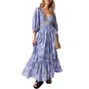 Robes décontractées femmes col en V robe à manches bouffantes style boho swing profond imprimé à plusieurs niveaux longue coupe ample tenue de vacances plissée