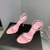 Zwart Roze Satijn Luxe Designer Voetring Hoge Hakken Smalle Band Schoenen Nieuwe 105cm Enkelband Kristallen Sandalen Zomer Damesschoenen Sandalen