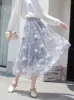 Saias de luxo mulheres estilo coreano moda cintura elástica apliques bordado floral malha saia longa gaze vestido de baile