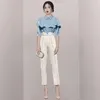 Calças femininas de duas peças Runway Design Moda Terno Mulheres Outono Temperamento Celebridade Versátil Ruffle Blusa Camisa Cintura Alta Lápis 2 Conjunto