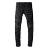 Herrenjeans Schwarz Distressed Ribs Patchwork High Street Slim Fit Skinny Stretch Fashion Style Streetwear Ripped