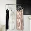 Casual Dresses Elegant Satin Rem Lång klänning för kvinnor Sommar Chic Solid Color Swing Collar Sleeveless BodyCon Party