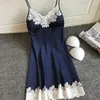 Women's Sleepwear Sexy Lingerie Summer Silk Night Gown Lace Patchwork Mini Dress Spaghetti Strap Ladies NO Chest Pad