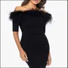 Black Prom Dress Short Boat Neck Off The Shoulder Sheath Evenig Feather Dress Elegant Plus Size knee Length Formal Party Gowns Withe Feather