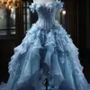 Luxury Sky Blue Princess Quinceanera Dresses 2024 Flower Crystal Tull Off Shoulder Tassels Birthday Party Sweet 16 Gowns Lace-Up