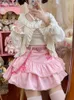 Jupes Kimokokm Preppy Style mignon robe de bal jupe Kawaii a-ligne Lolita Sweety rose ceinture chaîne volants chérie fille Mini