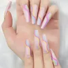 False Nails Extra Long Ballerina Coffin Press On Pink Colorful Wave Line Rubber Matte Manicure Reusable Fake Tips