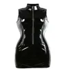 Top qualidade gótico punk gola alta sem mangas catsuit bodycon feminino preto pvc mini vestido brilhante zip up molhado olhar vestido nig283c