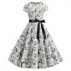 Casual Dresses Women Vintage 1950s Retro Short Sleeve O-Neck Printing Party Prom Swing Dress