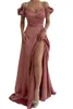 Vestidos de noite rosa empoeirados 2023 novas tiras de espaguete sexy com miçangas de sweetheart split longa cetim vestidos de baile