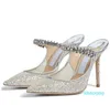 2023 Sandals London Bing mulas em tule brilhante Trendy apontou o slingback slingback tornozelo de cristal designer Itália