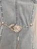 Casual Dresses Summer Fashion 2023 Women Spaghetti Strap Sleeve Pearls Embroidered Flares Denim Trumpet Chains Belt Long Dress