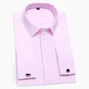 Men's Dress Shirts France Cufflinks Men TuxedoBusiness Social Long Sleeve Covered Button Plain Solid Mens Shirt White Light Blue Pink