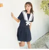 Kleidungssets Mädchen im japanischen koreanischen Stil Schuluniform Langarm Kostüm Weißes T-Shirt Top Marineblauer Faltenrock mit roter Schleife Tie1