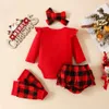 ベビー服のクリスマスキッズ服セットかわいい4枚セット長袖レターシカの印刷ロンパー+チェッカースカートショーツ+ズボンカバー+ヘッドバンド4PCSスーツ