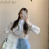 Kvinnors blusar Autumn Lace Hollow Out Shirt Women White Stand Collar Fashion Design Loose Casual Tops Chic Sweet Office Lady Streetwear