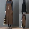 Casual Dresses Vintage Long Dress Women Corduroy Strap Fall Elegant Midi Suspender Skirt Girl Plus Size Solid Big Pockets Loose