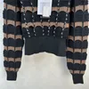 24SS FW Women Sweaters Knits Tops 100% Wool Pullover Runway Brand Designer Crop Top Shirt High End Elasticity Striped Beads Outwear Knitwear