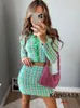 KONDALA Vintage Groene Geruite Vrouwen Pakken Gebreide Knop Lange Mouw Top Sexy Mini Rok Mode 2023 Party Chic Casual Mujer