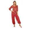 Stage Wear Mulheres Bells Belly Dance Costume Lace-up Irregular Hem Crop Top Bloomers Hip Scarf Set Bollywood Performance Outfits