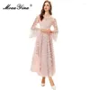 Casual Kleider MoaaYina Herbst Mode Designer Rosa Vintage Party Kleid Frauen Flare Hülse Cascading Rüschen Hohe Taille Schlank Mesh Lange