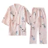 Dames slaapkleding lente en zomer puur katoenen garen kimono pyjama's v-neck printing plus size pijama mujer loungewear dames 2-delige slaapkleding 230421