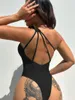 Mulheres Swimwear Vigorashely 2023 Único Ombro Oco Amarrado Bikini Set Alto Corte Push Up Swimsuit Mulheres Backless One Piece Banheira Terno