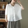 Women's Blouses Johnature Women Ramie shirts V-hals korte mouw Auricular Lace Blouse 2023 Zomerknop Loose Casual vaste kleur shirt