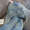 Two Piece Pants Two-Piece kostymjacka Imitation Denim Blue Glitter Retro Women's Set Autumn Winter 2023 Elegant Office Lady