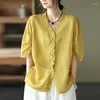 Women's Blouses Johnature Women Ramie shirts V-hals korte mouw Auricular Lace Blouse 2023 Zomerknop Loose Casual vaste kleur shirt