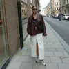 Kvinnor läder vintage körsbärsröd kappa för kvinnor mode vriddown krage långa ärmar fickjacka 2024 Autumn lady pu streetwear