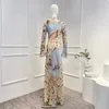 Robes décontractées Dernière collection 2023 Printemps Été Soie Magnifique Floral Manches longues O-Cou Maxi Hem pour les femmes