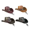 Basker Western Cowboy Hat Sun Drable Pu Leather Hats Gentleman Jazz med Chin Strap For Halloween Stage Performance Props